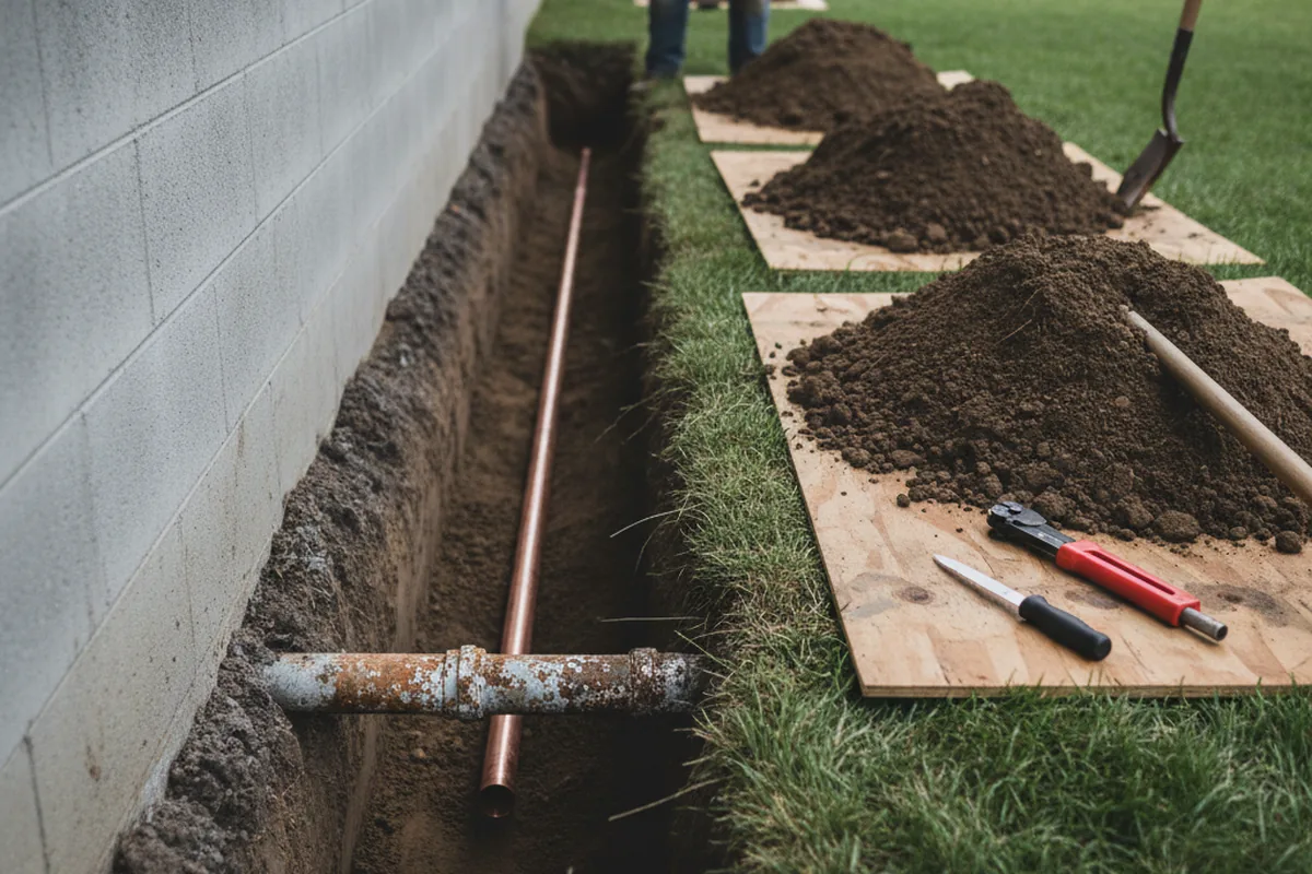 Excavated water line trench during Water Heater Repair in Forest Hills
